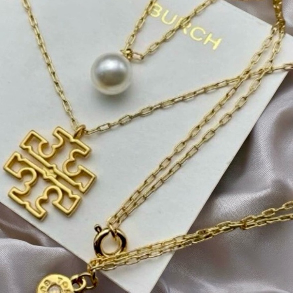 New Tory Burch Britten Gold Tone Double Strand Layered, Logo with Pearl Charm
